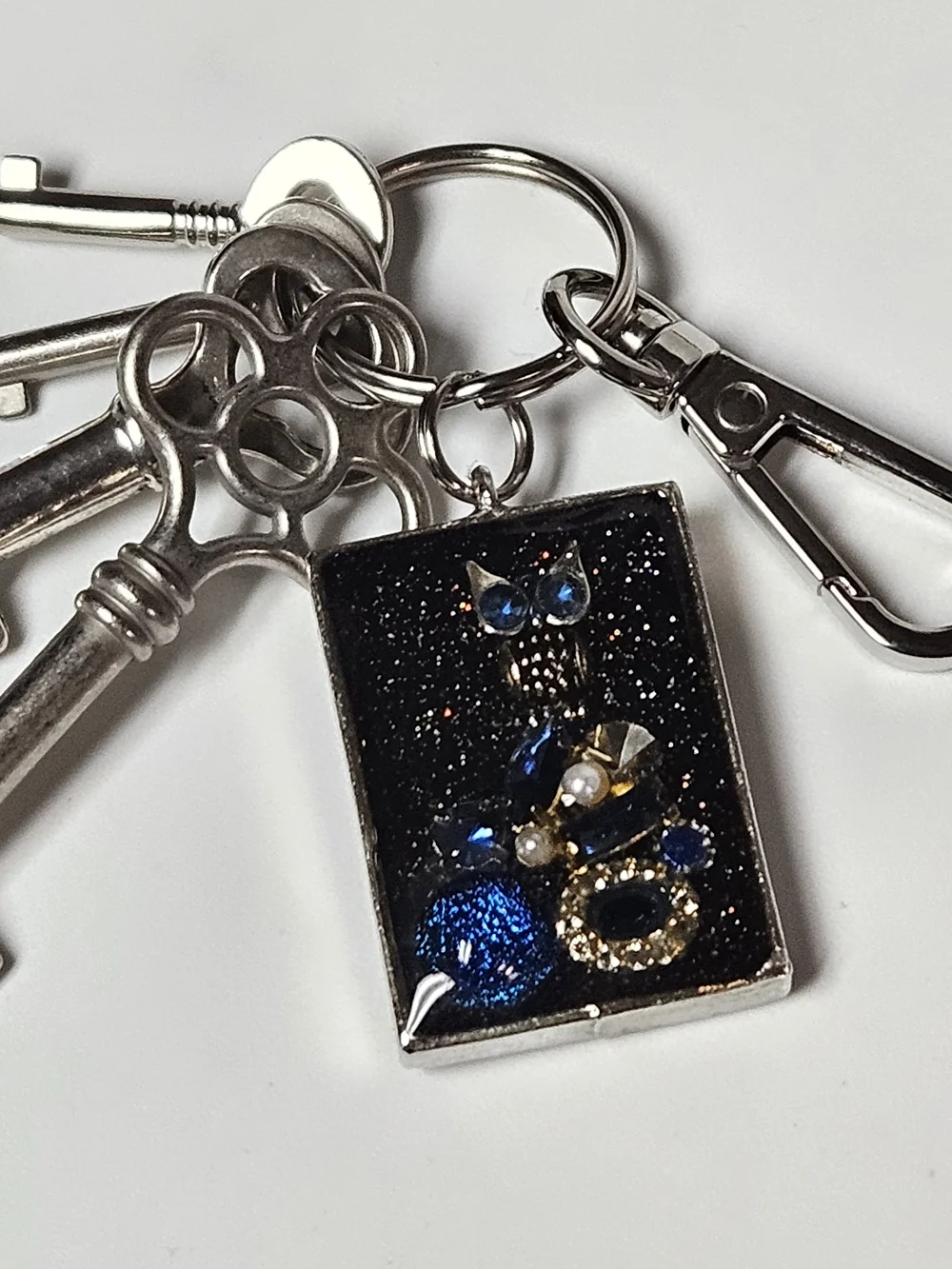 Silver Keychain Bag Charm with Blue Owl Accent